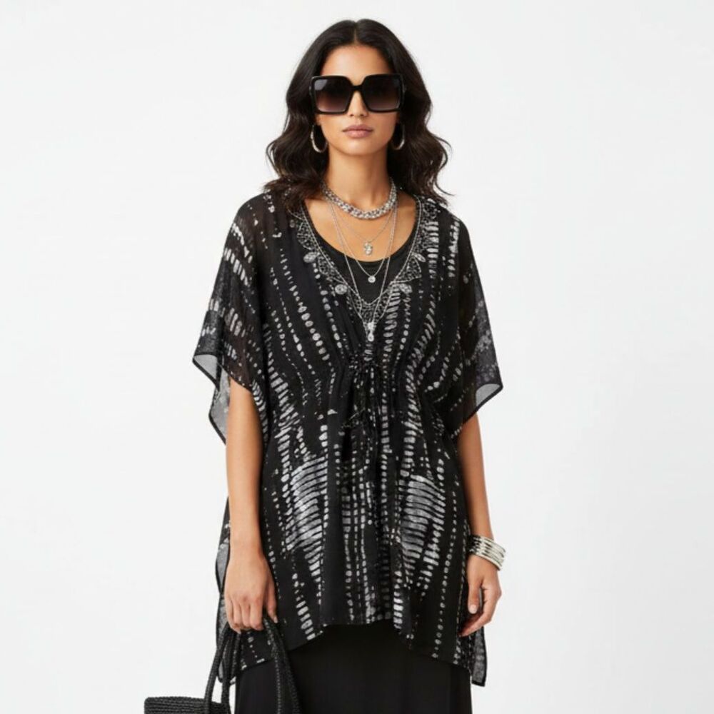 Ellen Weaver Black & Gray Sheer Embellished Boho Tunic Top XL